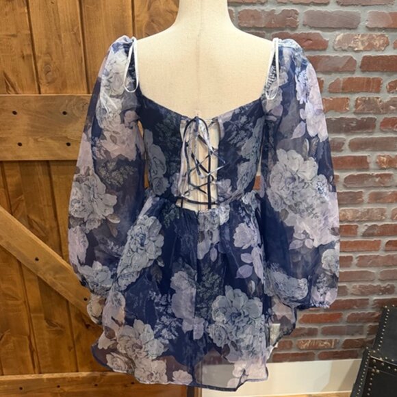 Lulus Positively Enchanting Blue Floral Organza Bustier Mini Dress - Size L - Picture 5 of 8
